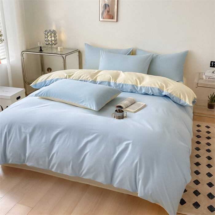 91家纺网 家纺一手货源 找家纺 眠帛 2023新款A类水洗棉拼色四件套—简系列 简--天空蓝奶黄