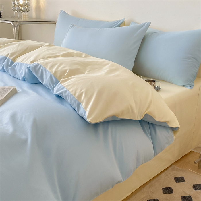 91家纺网 家纺一手货源 找家纺 眠帛 2023新款A类水洗棉拼色四件套—简系列 简--天空蓝奶黄