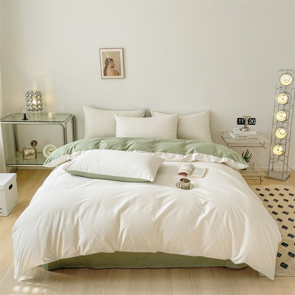 91家纺网 家纺一手货源 找家纺 眠帛 2023新款A类水洗棉拼色四件套—简系列 简--奶昔白奶油绿