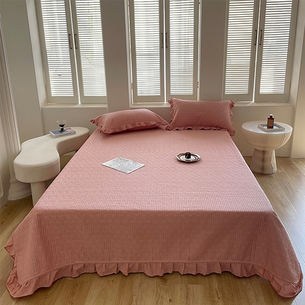 91家纺网 家纺一手货源 找家纺 期遇家居2023新款全棉荷叶边床盖花边夹棉床盖三件套蝴蝶结床盖 豆沙