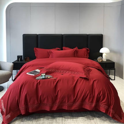 91家纺网 家纺一手货源 找家纺 太古汇 2023新款A类全棉法式镂空轻奢四件套-格蕾丝系列 格蕾丝-大红