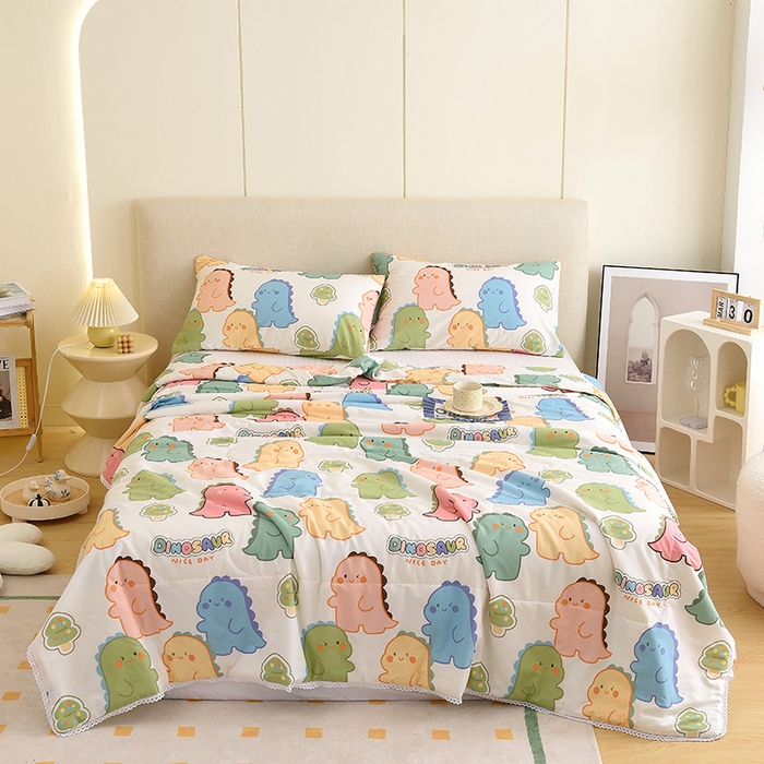 91家纺网 家纺一手货源 找家纺 德芙 2023新款全棉印花卡通夏被四件套 活力恐龙