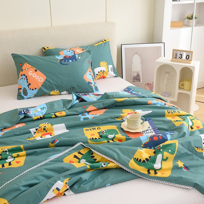 91家纺网 家纺一手货源 找家纺 德芙 2023新款全棉印花卡通夏被四件套 恐龙家族