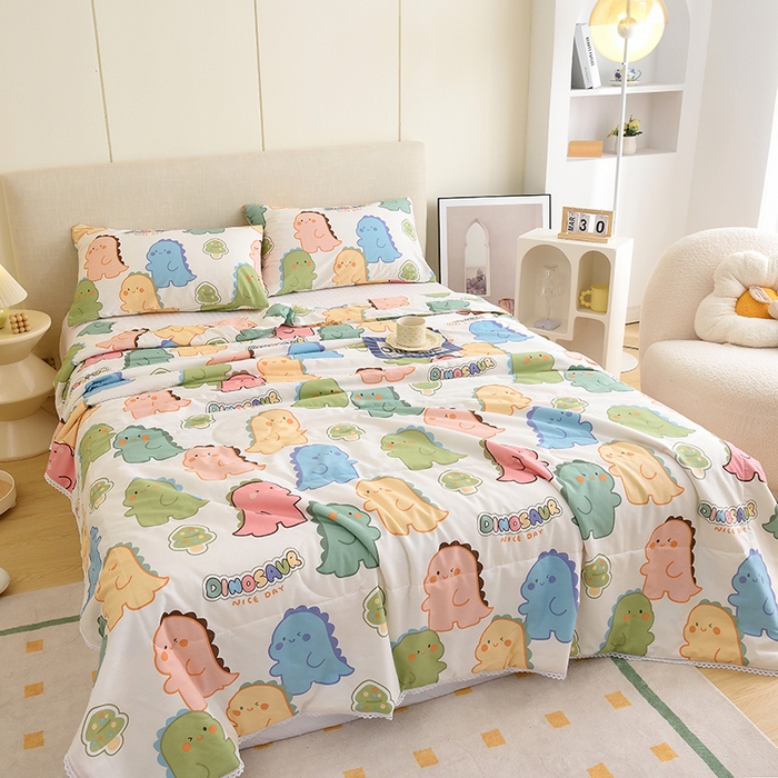 91家纺网 家纺一手货源 找家纺 德芙 2023新款全棉印花卡通夏被四件套 活力恐龙