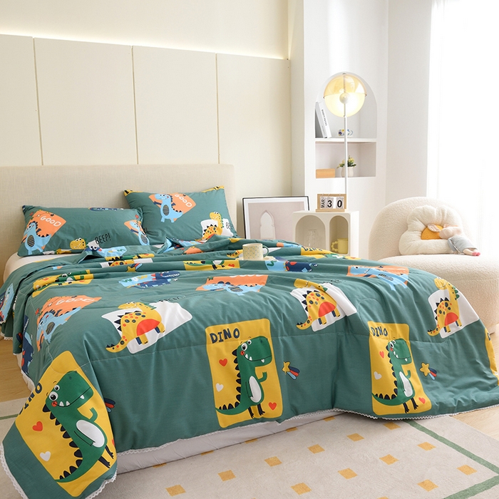 91家纺网 家纺一手货源 找家纺 德芙 2023新款全棉印花卡通夏被四件套 恐龙家族