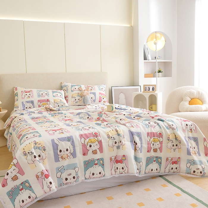 91家纺网 家纺一手货源 找家纺 德芙 2023新款全棉印花卡通夏被四件套 连连看