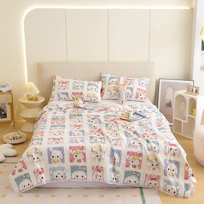 91家纺网 家纺一手货源 找家纺 德芙 2023新款全棉印花卡通夏被四件套 连连看