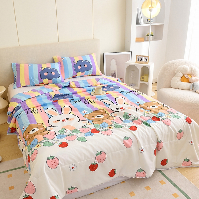 91家纺网 家纺一手货源 找家纺 德芙 2023新款全棉印花卡通夏被四件套 天真小兔