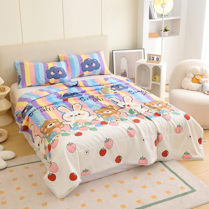 91家纺网 家纺一手货源 找家纺 德芙 2023新款全棉印花卡通夏被四件套 天真小兔