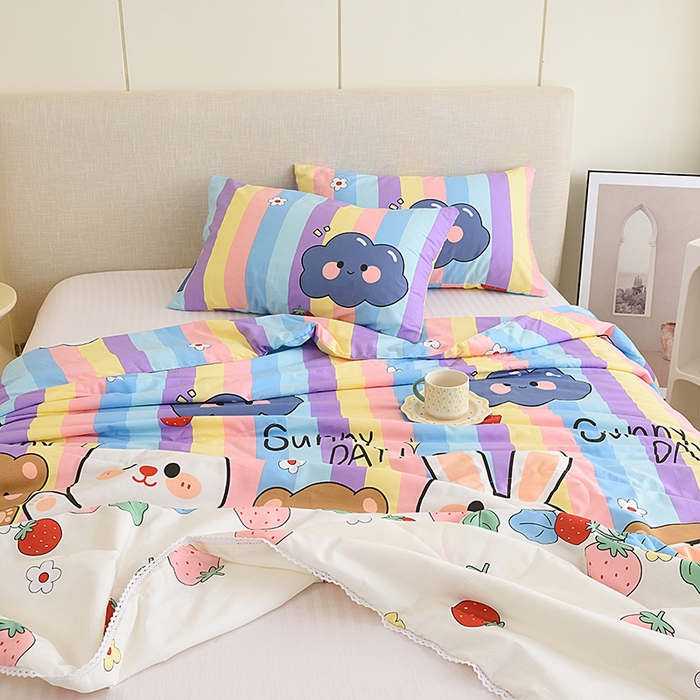 91家纺网 家纺一手货源 找家纺 德芙 2023新款全棉印花卡通夏被四件套 天真小兔