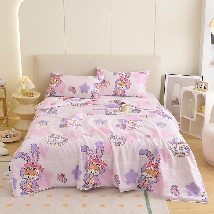 91家纺网 家纺一手货源 找家纺 德芙 2023新款全棉印花卡通夏被四件套 甜睡兔宝