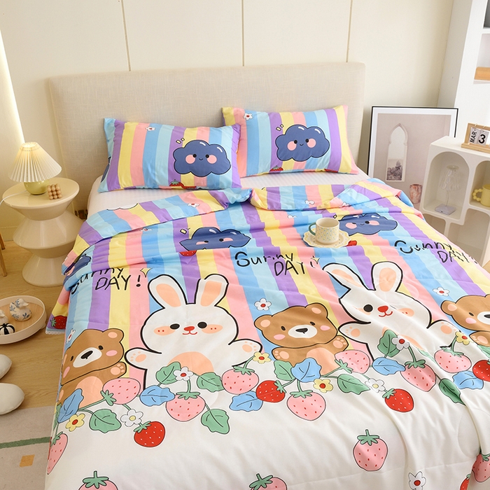 91家纺网 家纺一手货源 找家纺 德芙 2023新款全棉印花卡通夏被四件套 天真小兔