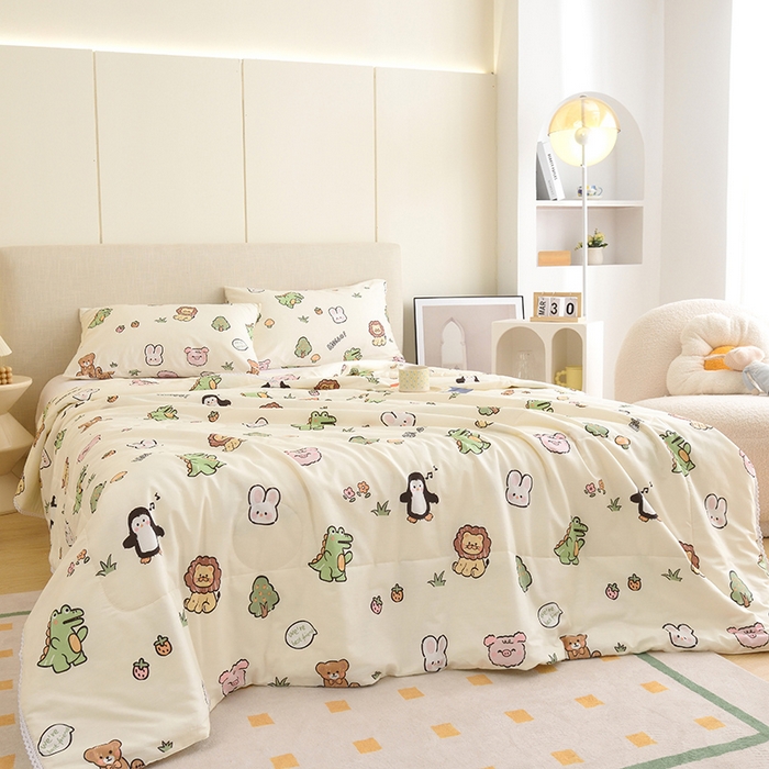 91家纺网 家纺一手货源 找家纺 德芙 2023新款全棉印花卡通夏被四件套 野餐派对