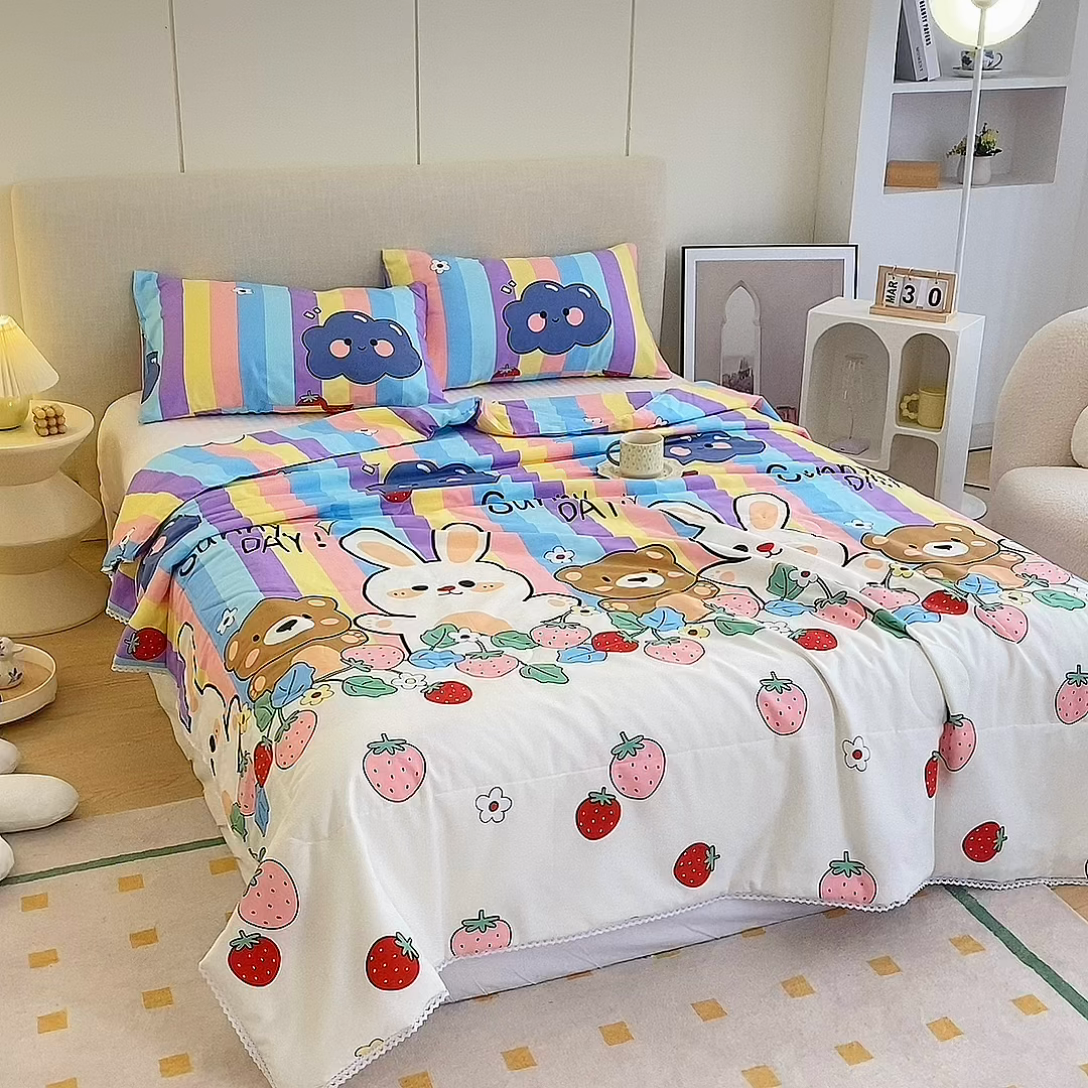 91家纺网 家纺一手货源 找家纺 德芙 2023新款全棉印花卡通夏被四件套 天真小兔