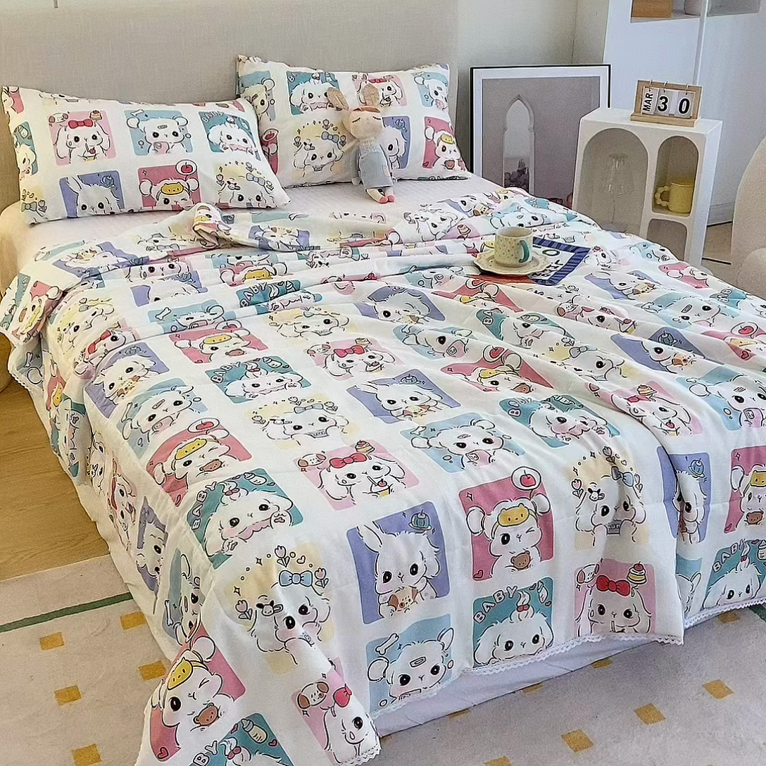 91家纺网 家纺一手货源 找家纺 德芙 2023新款全棉印花卡通夏被四件套 连连看