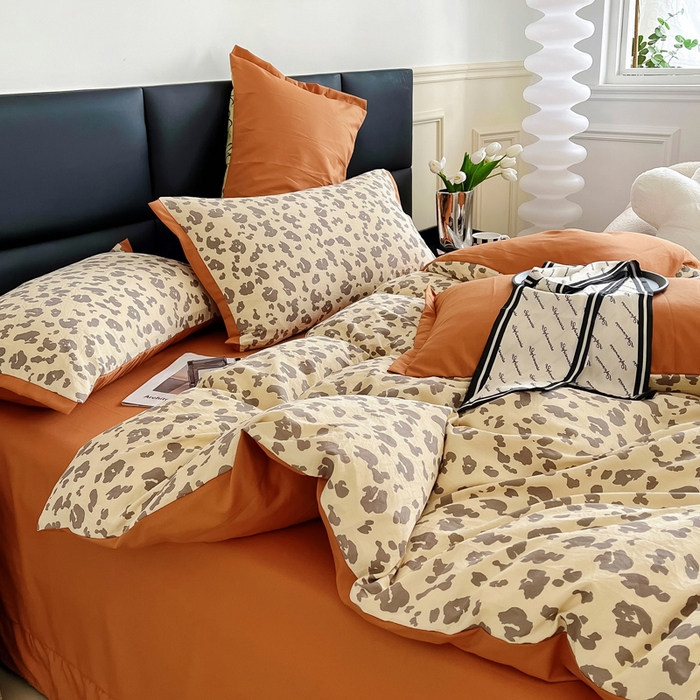 91家纺网 家纺一手货源 找家纺 梵克保罗 2024春夏新品水洗棉麻双层纱四件套 豹纹