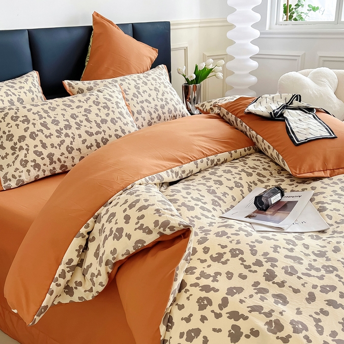 91家纺网 家纺一手货源 找家纺 梵克保罗 2024春夏新品水洗棉麻双层纱四件套 豹纹