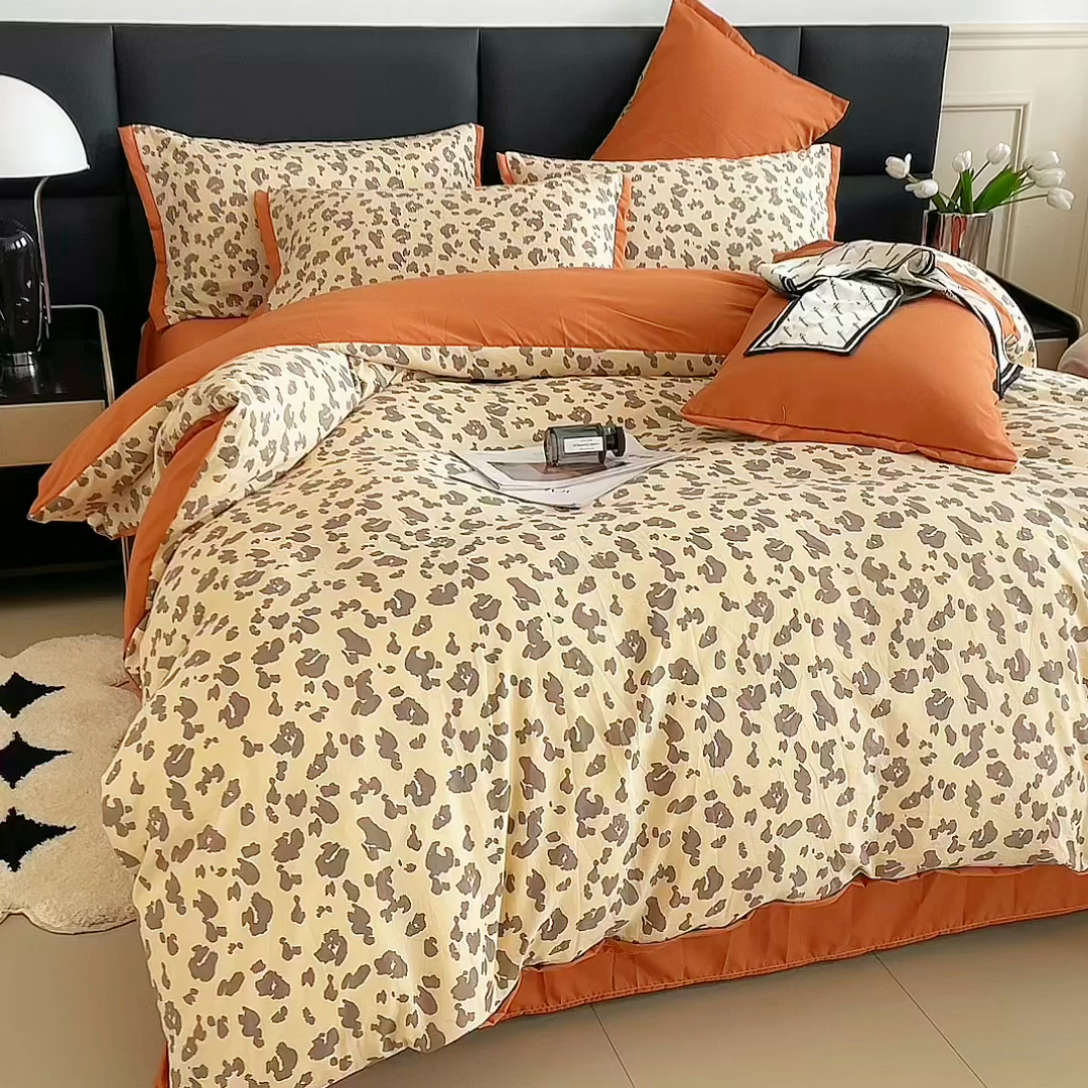 91家纺网 家纺一手货源 找家纺 梵克保罗 2024春夏新品水洗棉麻双层纱四件套 豹纹