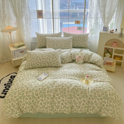 91家纺网 家纺一手货源 找家纺 （总）暮思2023新款ins小清新A类全棉有氧双层纱四件套