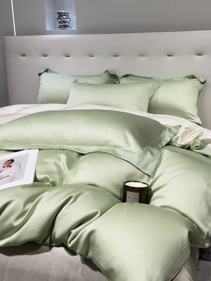 91家纺网 家纺一手货源 找家纺 涵宸 兰精天丝TM纯色四件套 青草绿+奶昔