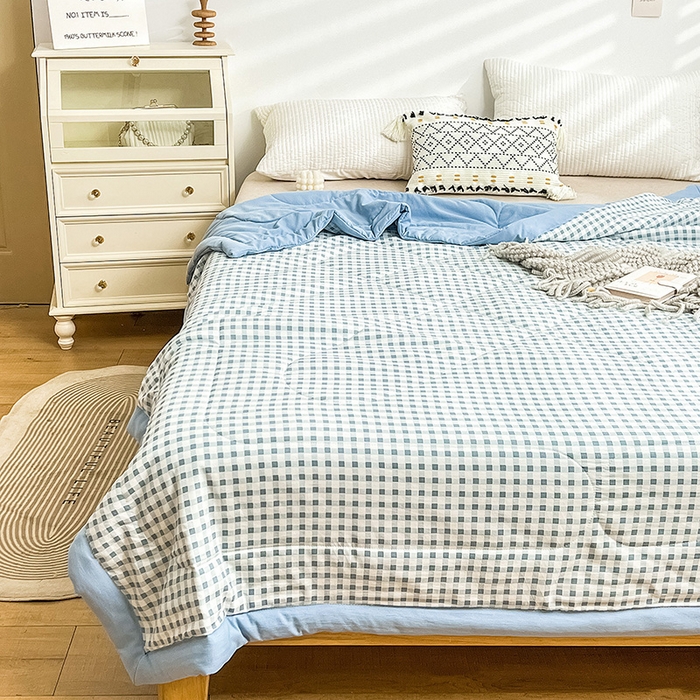 91家纺网 家纺一手货源 找家纺 亚龙2023新款A类母婴级双层纱棉麻手包边夏被四件套 午后时光