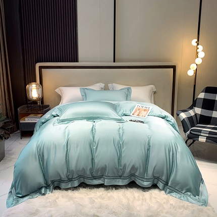 91家纺网 家纺一手货源 找家纺 淼铭家纺 2025新款奥地利进口兰精天丝镂空花边四件套-织梦系列 织梦-水蓝