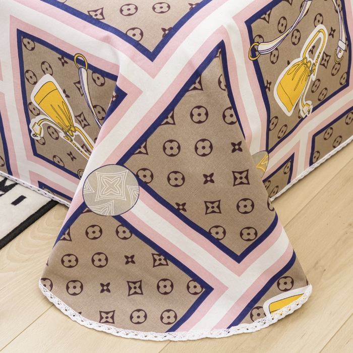 91家纺网 家纺一手货源 找家纺 萌宝老粗布毛绒玩具2023纯棉印花老粗布床单凉席套件花边款三件套 摩登包包