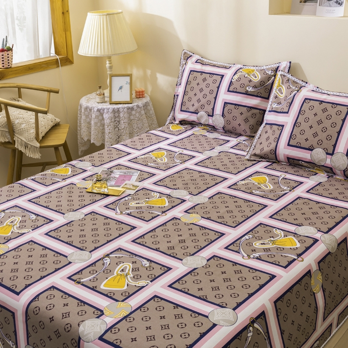 91家纺网 家纺一手货源 找家纺 萌宝老粗布毛绒玩具2023纯棉印花老粗布床单凉席套件花边款三件套 摩登包包