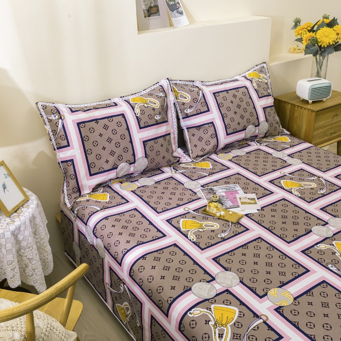 91家纺网 家纺一手货源 找家纺 萌宝老粗布毛绒玩具2023纯棉印花老粗布床单凉席套件花边款三件套 摩登包包