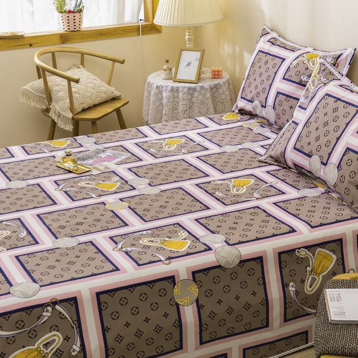 91家纺网 家纺一手货源 找家纺 萌宝老粗布毛绒玩具2023纯棉印花老粗布床单凉席套件花边款三件套 摩登包包