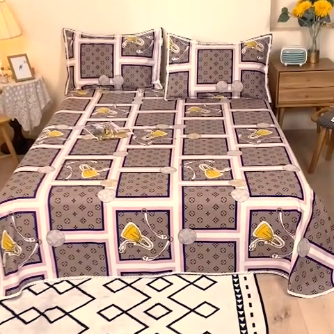 91家纺网 家纺一手货源 找家纺 萌宝老粗布毛绒玩具2023纯棉印花老粗布床单凉席套件花边款三件套 摩登包包