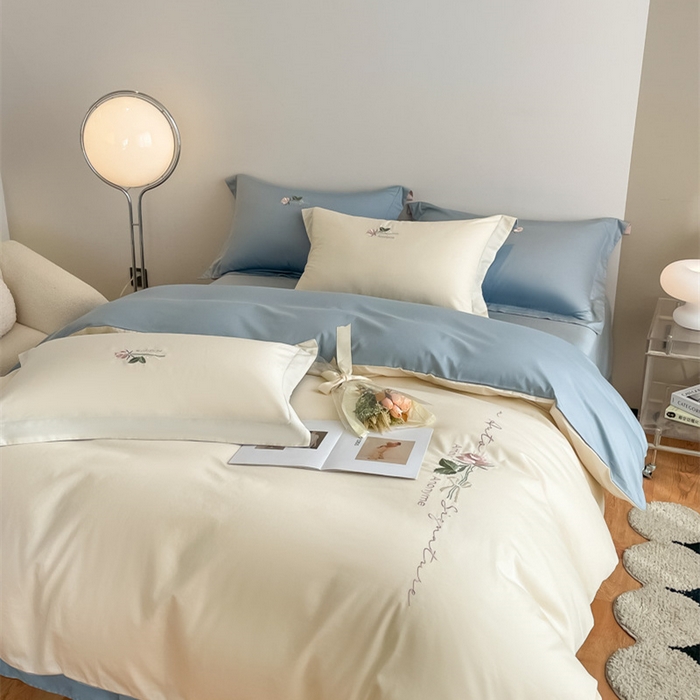 91家纺网 家纺一手货源 找家纺 （总）秀色家纺 2025新品Ａ类60s长绒棉唤醒系列四件套 唤醒-奶昔白+天空蓝