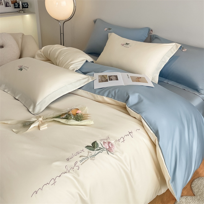 91家纺网 家纺一手货源 找家纺 （总）秀色家纺 2025新品Ａ类60s长绒棉唤醒系列四件套 唤醒-奶昔白+天空蓝