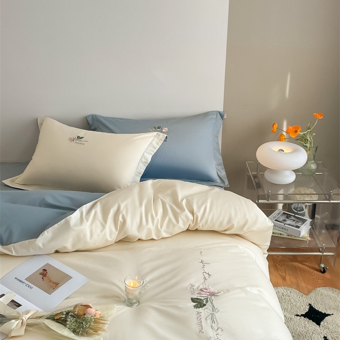 91家纺网 家纺一手货源 找家纺 （总）秀色家纺 2025新品Ａ类60s长绒棉唤醒系列四件套 唤醒-奶昔白+天空蓝