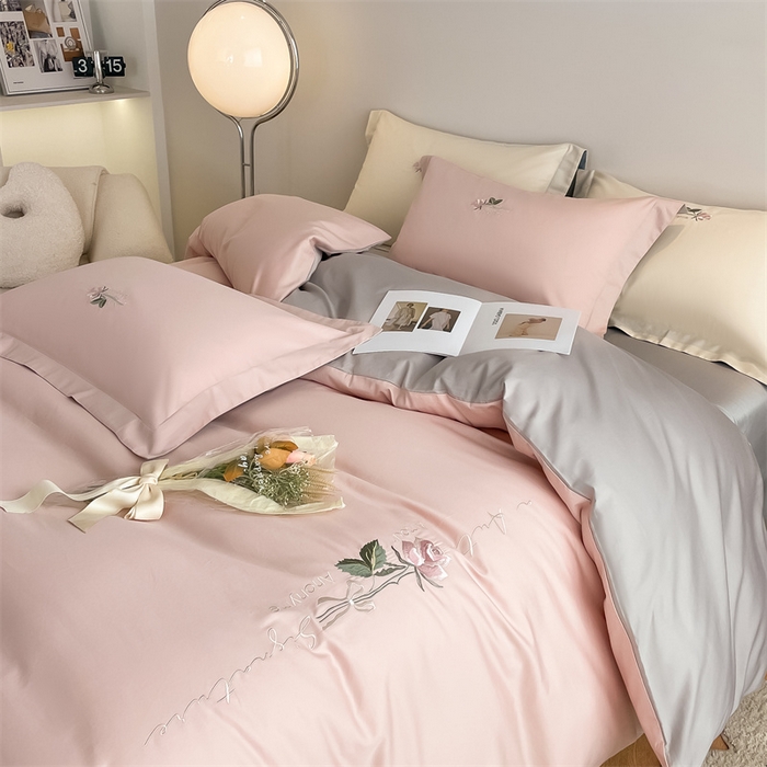 91家纺网 家纺一手货源 找家纺 （总）秀色家纺 2025新品Ａ类60s长绒棉唤醒系列四件套 唤醒-茱萸粉+烟墨灰