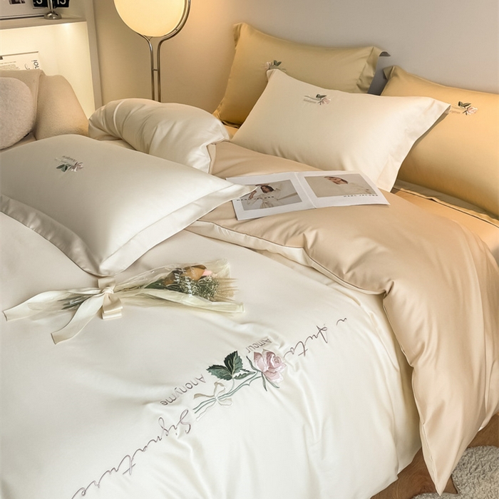 91家纺网 家纺一手货源 找家纺 （总）秀色家纺 2025新品Ａ类60s长绒棉唤醒系列四件套 唤醒-奶昔白+香槟金