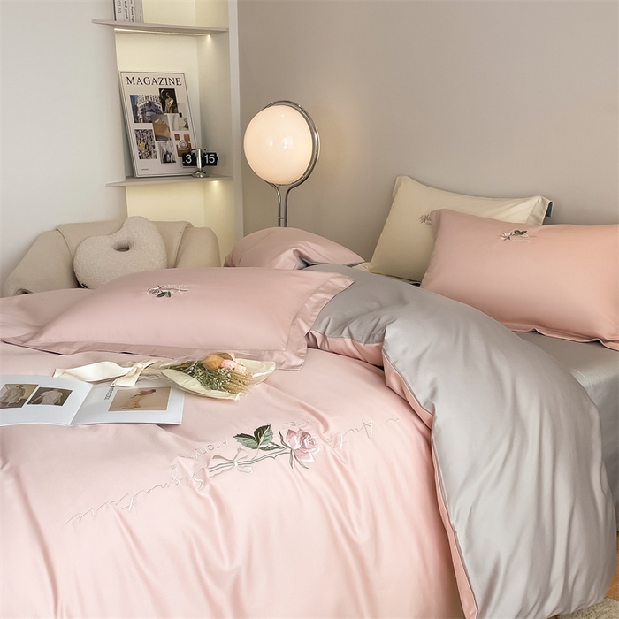 91家纺网 家纺一手货源 找家纺 （总）秀色家纺 2025新品Ａ类60s长绒棉唤醒系列四件套 唤醒-茱萸粉+烟墨灰