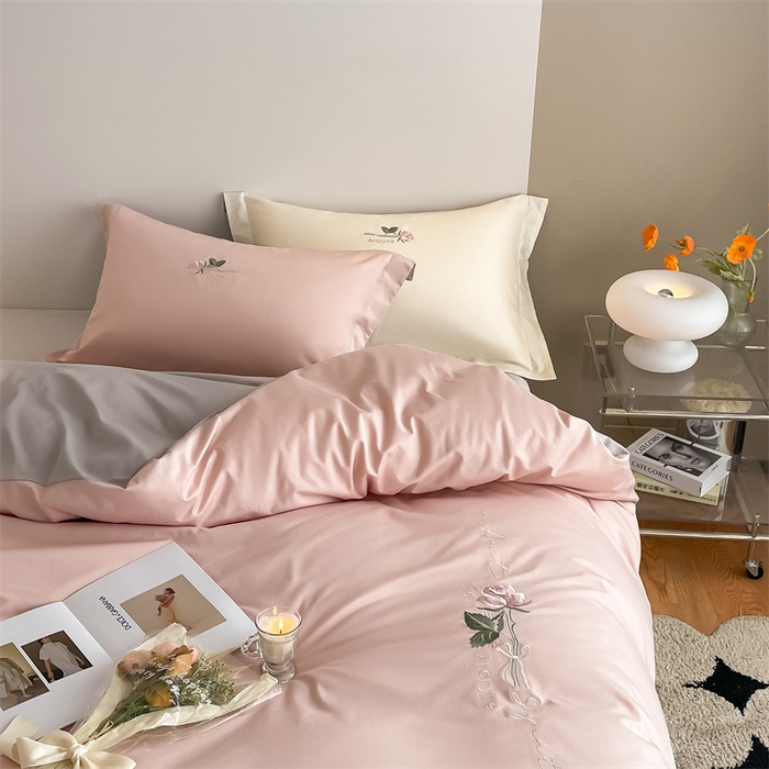 91家纺网 家纺一手货源 找家纺 （总）秀色家纺 2025新品Ａ类60s长绒棉唤醒系列四件套 唤醒-茱萸粉+烟墨灰