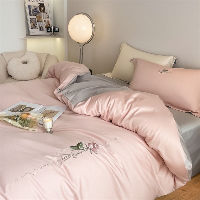 91家纺网 家纺一手货源 找家纺 （总）秀色家纺 2025新品Ａ类60s长绒棉唤醒系列四件套 唤醒-茱萸粉+烟墨灰