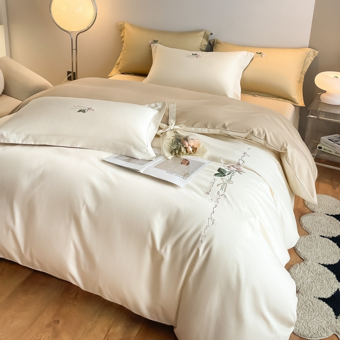 91家纺网 家纺一手货源 找家纺 （总）秀色家纺 2025新品Ａ类60s长绒棉唤醒系列四件套 唤醒-奶昔白+香槟金