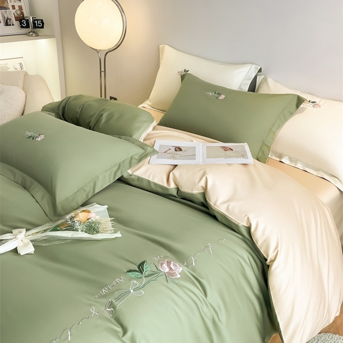 91家纺网 家纺一手货源 找家纺 （总）秀色家纺 2025新品Ａ类60s长绒棉唤醒系列四件套 唤醒-莺茶绿+香槟金