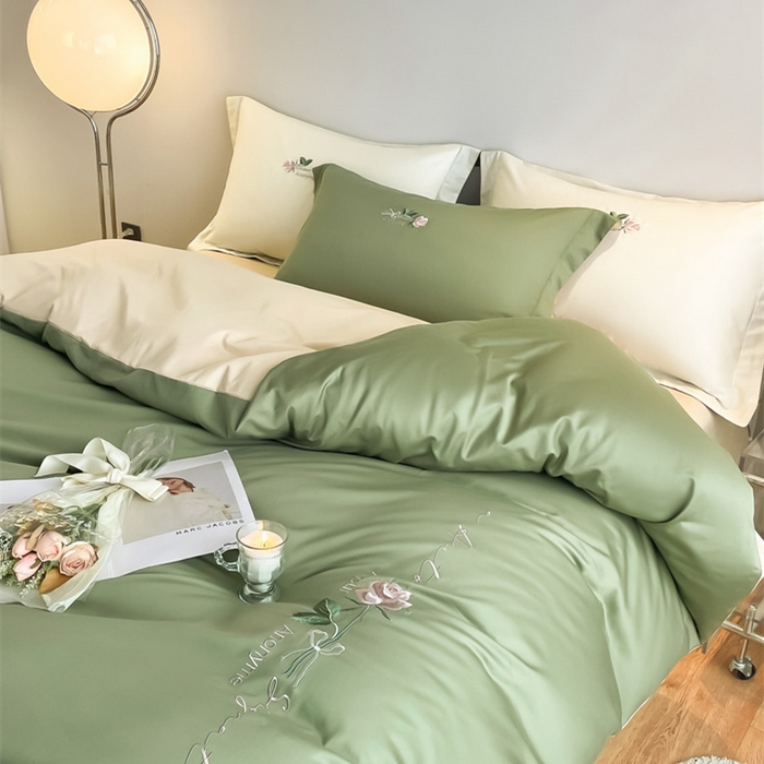 91家纺网 家纺一手货源 找家纺 （总）秀色家纺 2025新品Ａ类60s长绒棉唤醒系列四件套 唤醒-莺茶绿+香槟金
