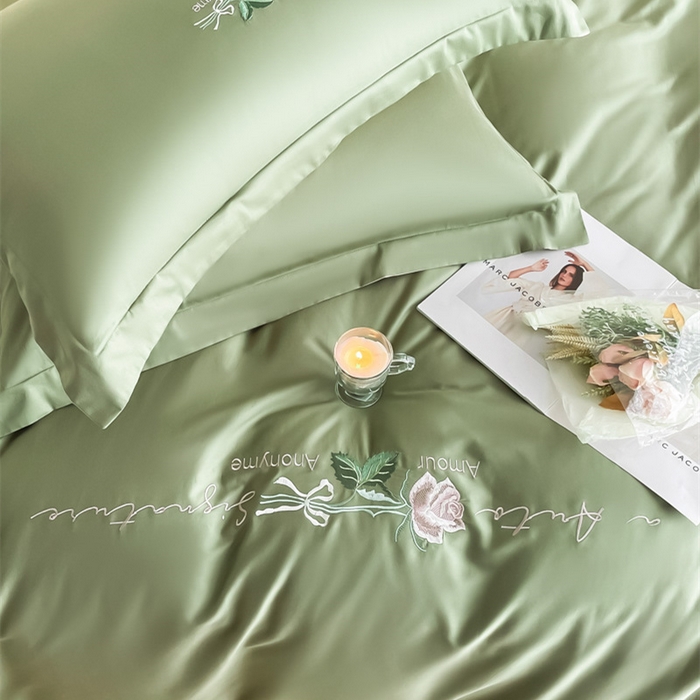 91家纺网 家纺一手货源 找家纺 （总）秀色家纺 2025新品Ａ类60s长绒棉唤醒系列四件套 唤醒-莺茶绿+香槟金