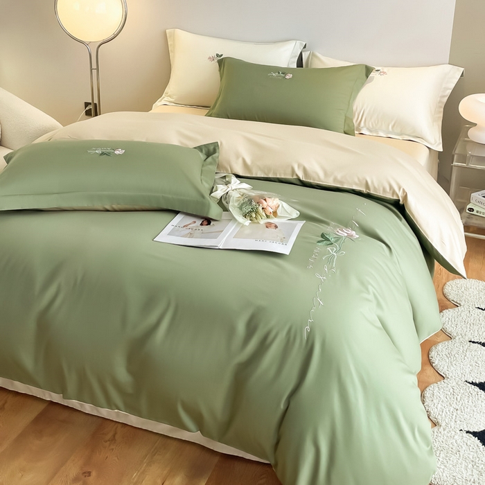 91家纺网 家纺一手货源 找家纺 （总）秀色家纺 2025新品Ａ类60s长绒棉唤醒系列四件套 唤醒-莺茶绿+香槟金