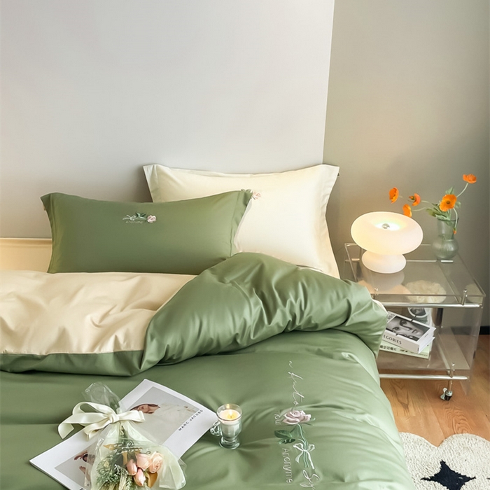 91家纺网 家纺一手货源 找家纺 （总）秀色家纺 2025新品Ａ类60s长绒棉唤醒系列四件套 唤醒-莺茶绿+香槟金