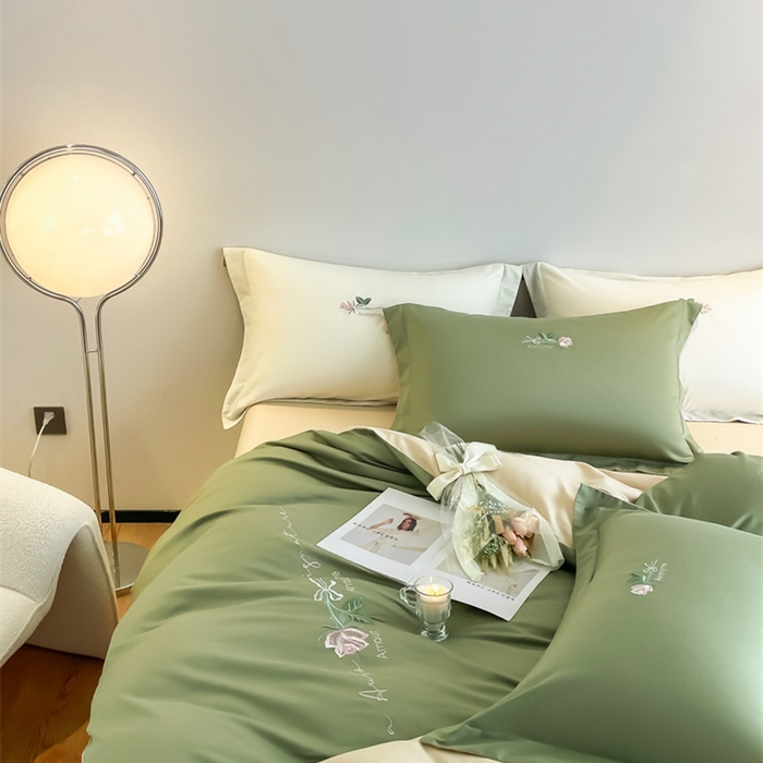 91家纺网 家纺一手货源 找家纺 （总）秀色家纺 2025新品Ａ类60s长绒棉唤醒系列四件套 唤醒-莺茶绿+香槟金