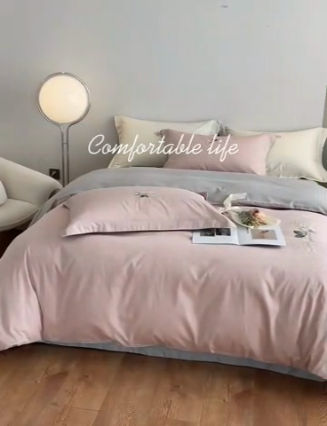 91家纺网 家纺一手货源 找家纺 （总）秀色家纺 2025新品Ａ类60s长绒棉唤醒系列四件套 唤醒-茱萸粉+烟墨灰