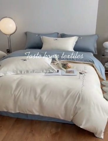 91家纺网 家纺一手货源 找家纺 （总）秀色家纺 2025新品Ａ类60s长绒棉唤醒系列四件套 唤醒-奶昔白+天空蓝