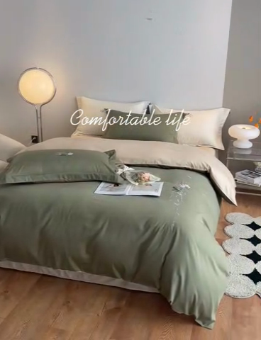 91家纺网 家纺一手货源 找家纺 （总）秀色家纺 2025新品Ａ类60s长绒棉唤醒系列四件套 唤醒-莺茶绿+香槟金