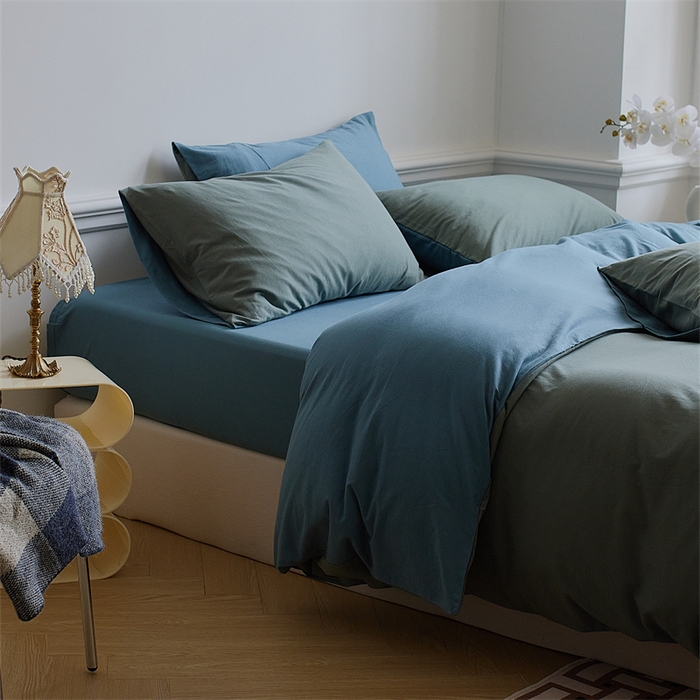 91家纺网 家纺一手货源 找家纺 安莱生活 2023新款A类针织棉双拼系列四件套 筠雾